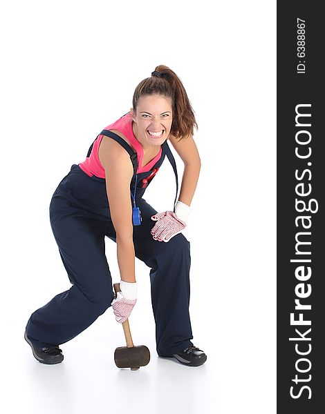 Woman with black rubber mallet on white background