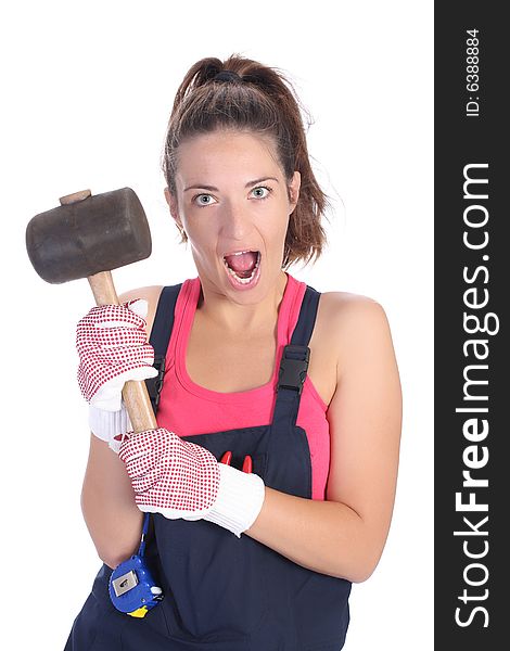 Woman with black rubber mallet on white background