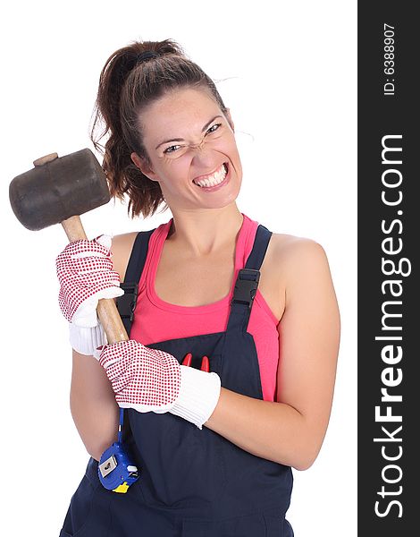 Woman with black rubber mallet on white background