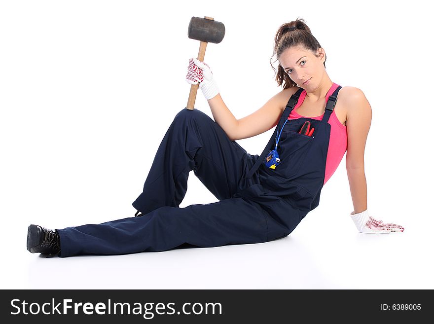Woman with black rubber mallet on white background