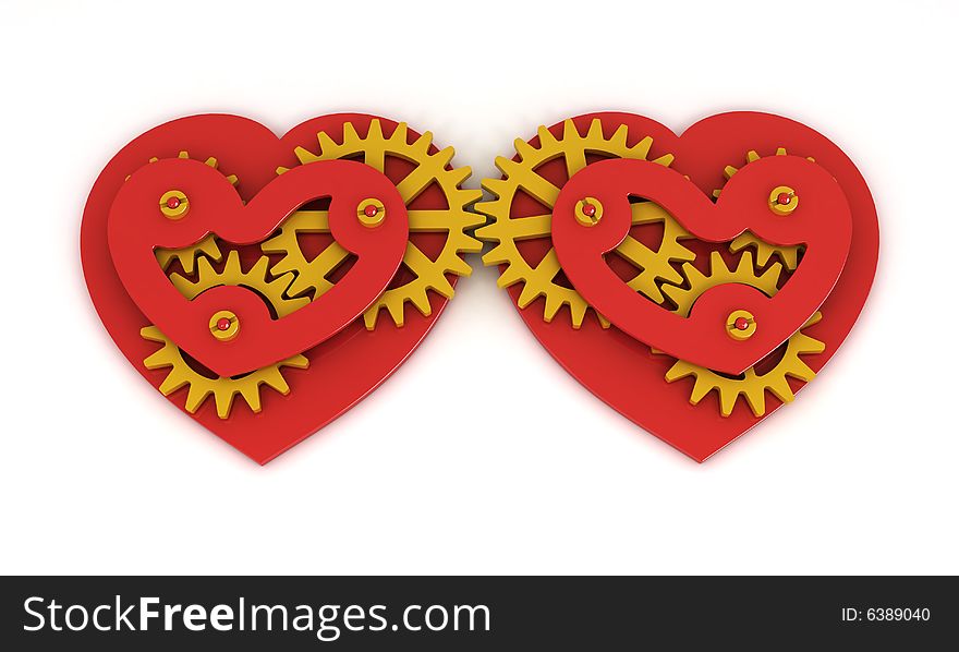 Two red mechanical hearts in white backgrounds. Two red mechanical hearts in white backgrounds