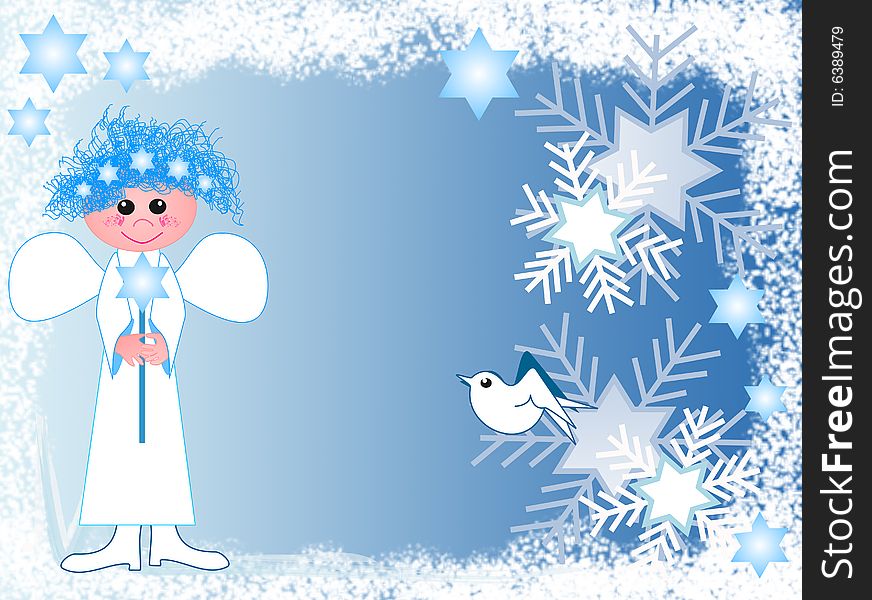 This blue and white design shows decorative stars, a cute little bird and an angel with a shining star. Can be used as a background / backdrop too. This blue and white design shows decorative stars, a cute little bird and an angel with a shining star. Can be used as a background / backdrop too.