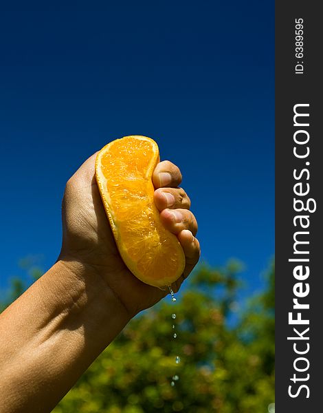 Male hand squeezing an half orange. Male hand squeezing an half orange