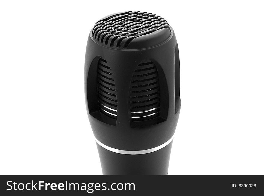 Modern black microphone closeup, isolated on white background