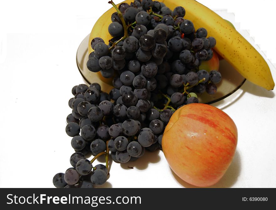 Grape, banana and apple isolated  on white background. sweet wine grapes, bananas and apple. Grape, banana and apple isolated  on white background. sweet wine grapes, bananas and apple.