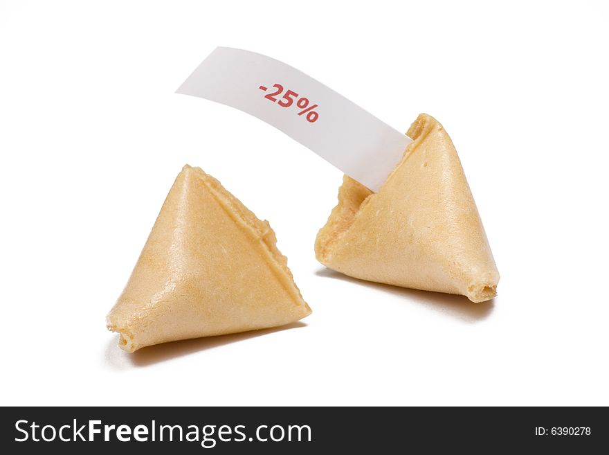 Two fortune cookies isolated on white  with sales message. Two fortune cookies isolated on white  with sales message