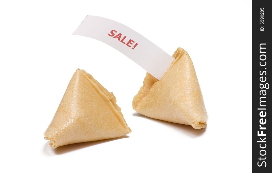 Two fortune cookies isolated on white  with sales message. Two fortune cookies isolated on white  with sales message