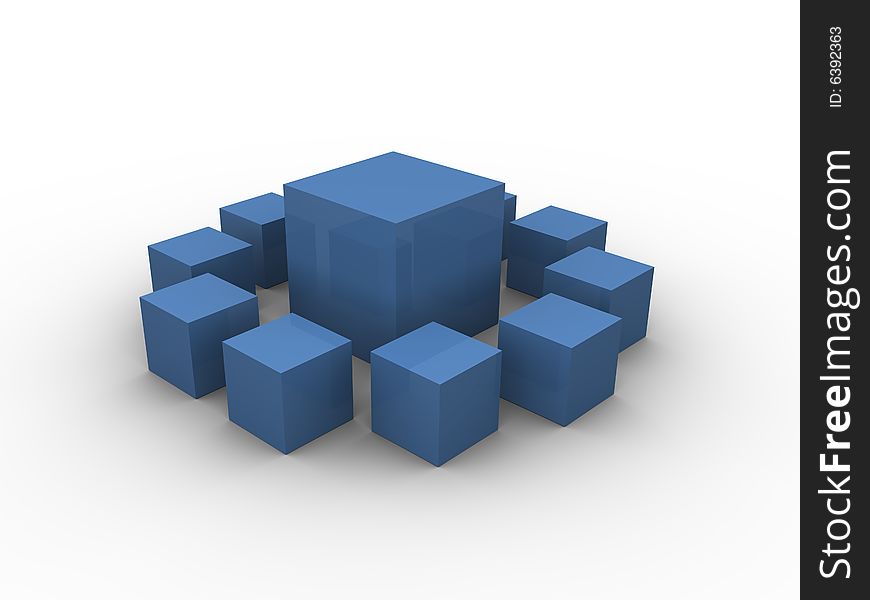 Blue boxes in different sizes in a square pattern on a white background. Made in 3d. Blue boxes in different sizes in a square pattern on a white background. Made in 3d.