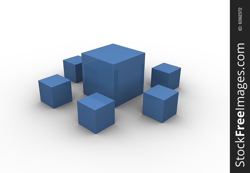 Blue boxes in different sizes in a square pattern on a white background. Made in 3d. Blue boxes in different sizes in a square pattern on a white background. Made in 3d.