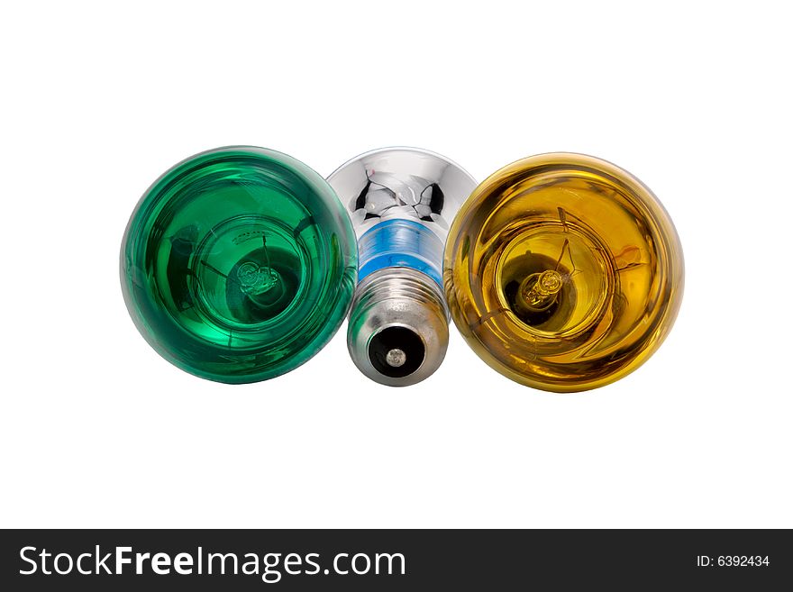 Three Multicoloured Electric Light Bulbs On White