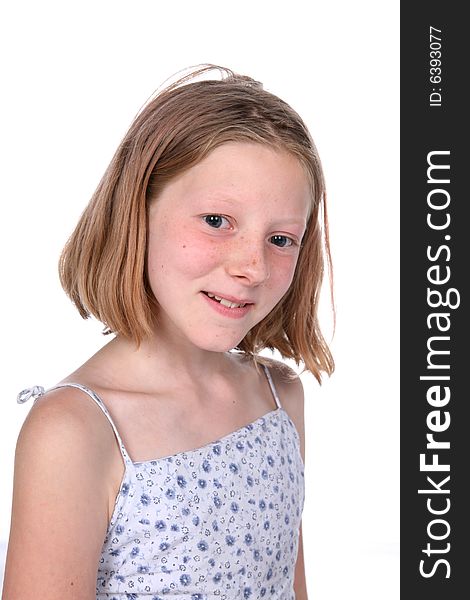 Freckled little girl with short straight hair smiling. Freckled little girl with short straight hair smiling