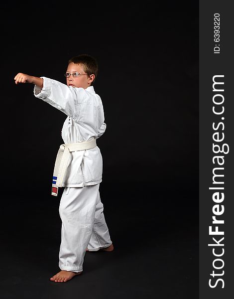 Traditional karate student demonstrating left stance with a punch to the nose