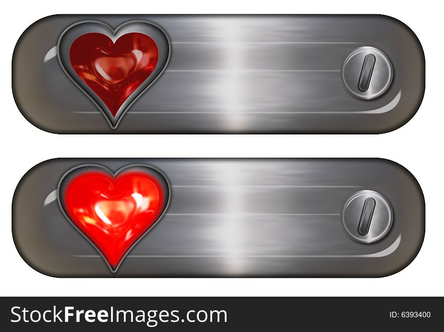 Rollover metallic buttons with glassy hearts. Rollover metallic buttons with glassy hearts