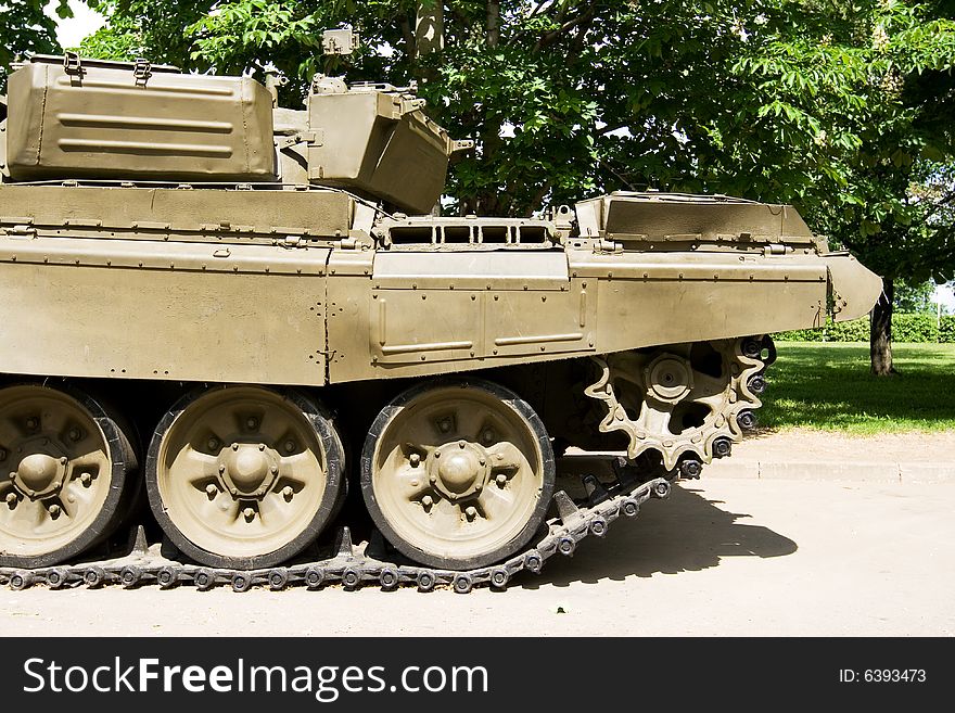 A closeup of tracks of an old military vehicle. A closeup of tracks of an old military vehicle