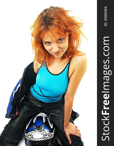 girl with motorcycle equipment. girl with motorcycle equipment