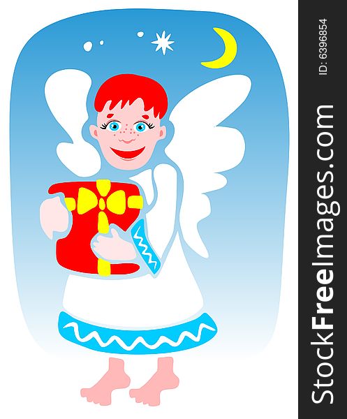Cartoon angel with gift box on a blue background. Christmas illustration. Cartoon angel with gift box on a blue background. Christmas illustration.