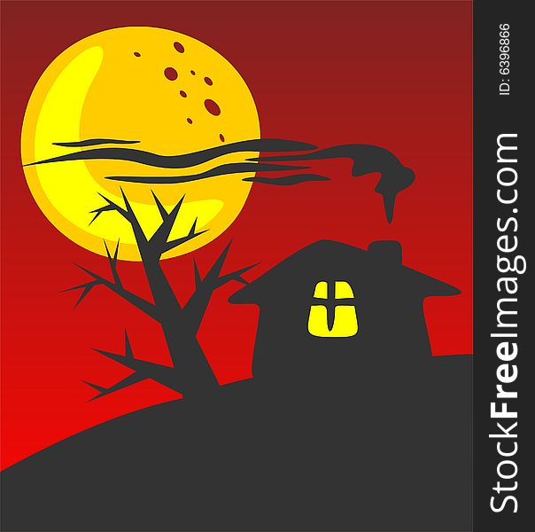 Rural house silhouette on a red background. Halloween illustration. Rural house silhouette on a red background. Halloween illustration.