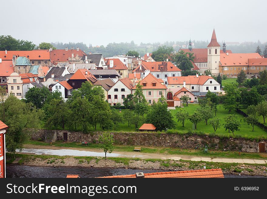 Cesky Krumlov historic city with typical houses with red roofs