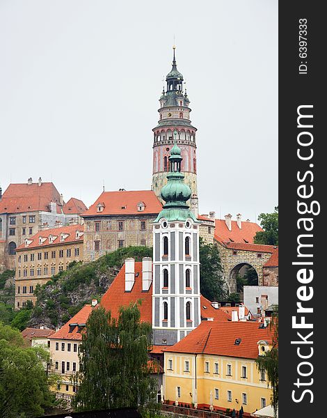 Cesky Krumlov historic city with the tower of the castle