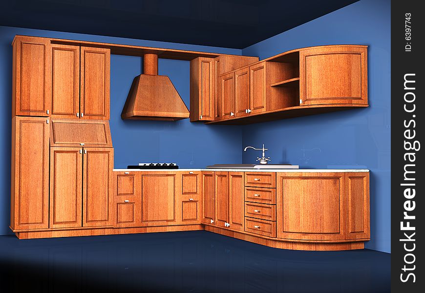 Wooden kitchen on the dark blue background. Illustration. 3D render. Wooden kitchen on the dark blue background. Illustration. 3D render.