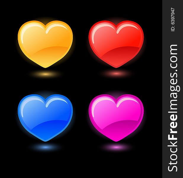 Set of glossy vector hearts on black background. Set of glossy vector hearts on black background