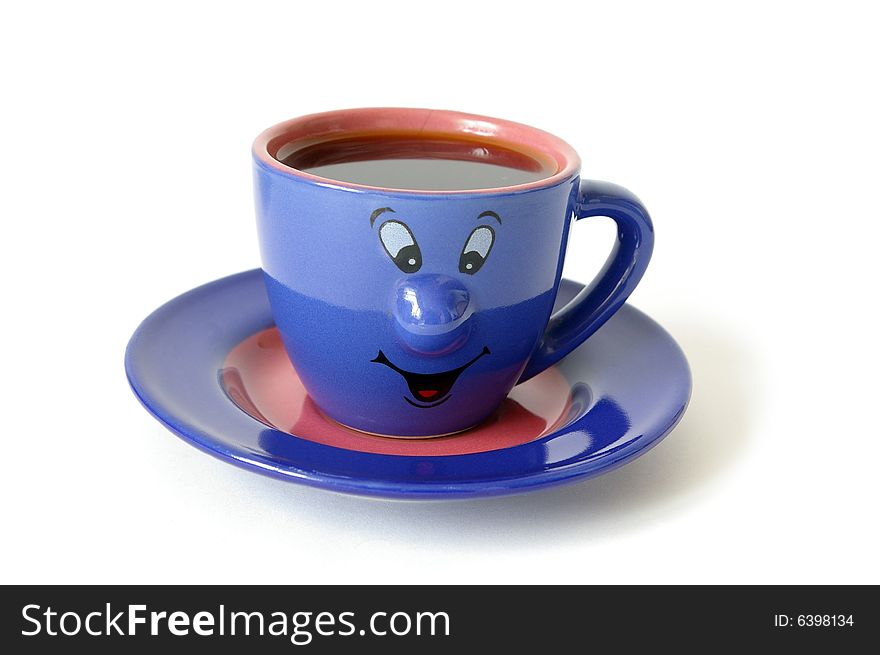 Blue ceramic cup of coffee isolated on a white background