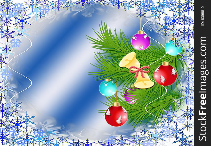 Dark blue background with a Christmas ornament and snowflakes. Dark blue background with a Christmas ornament and snowflakes