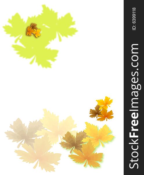 Gold autumn leaves on brightly white  background