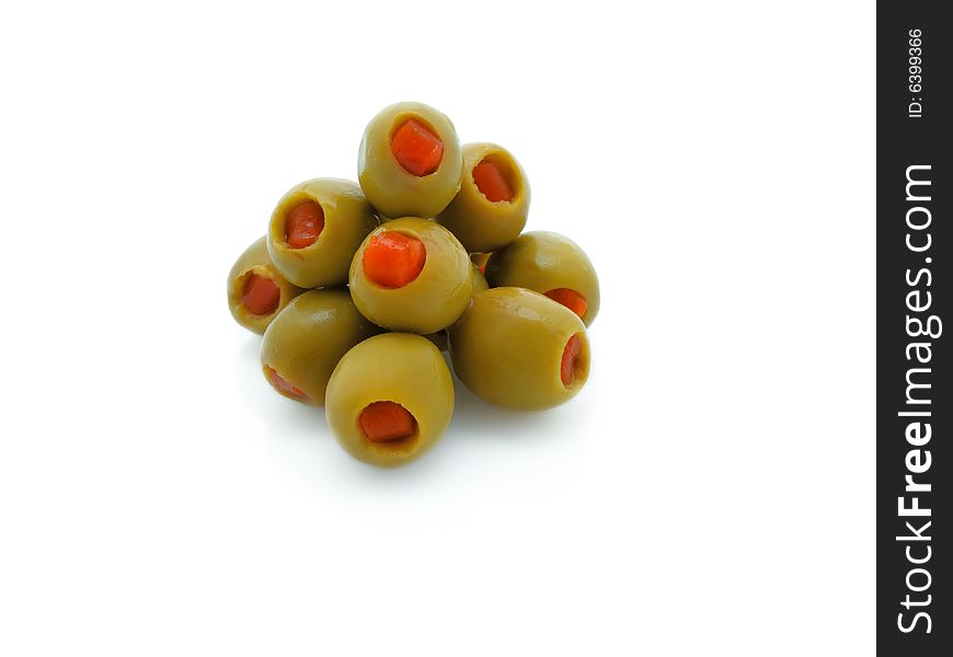 Olive fruit close up on white background