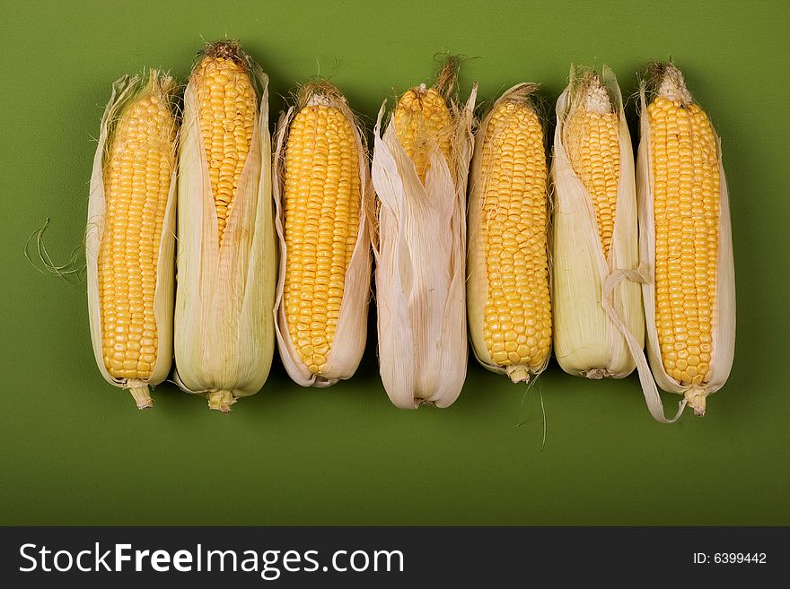 Corn vegetable ear raw on green background. Corn vegetable ear raw on green background