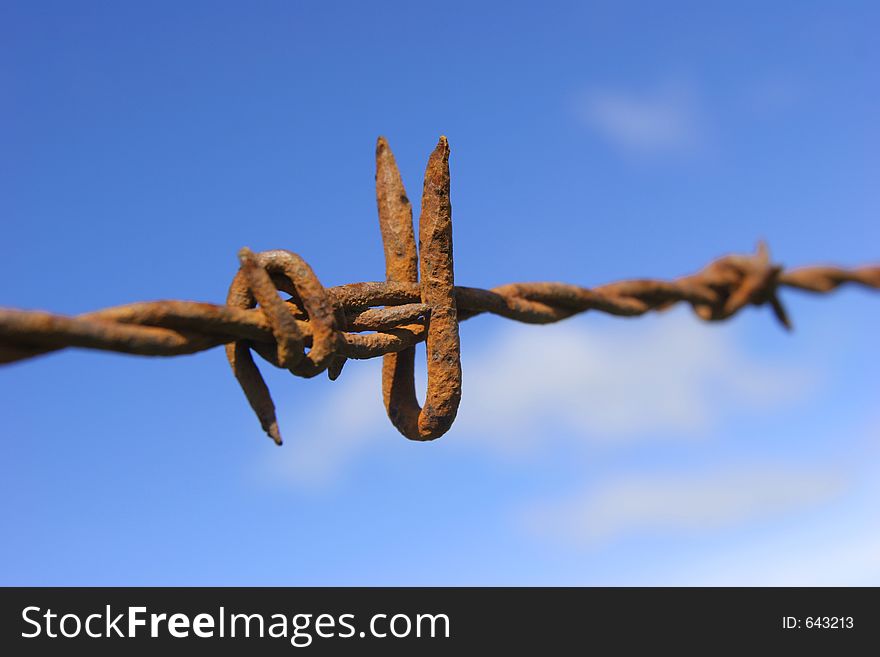 Rusty barbed wire against blue sky.
