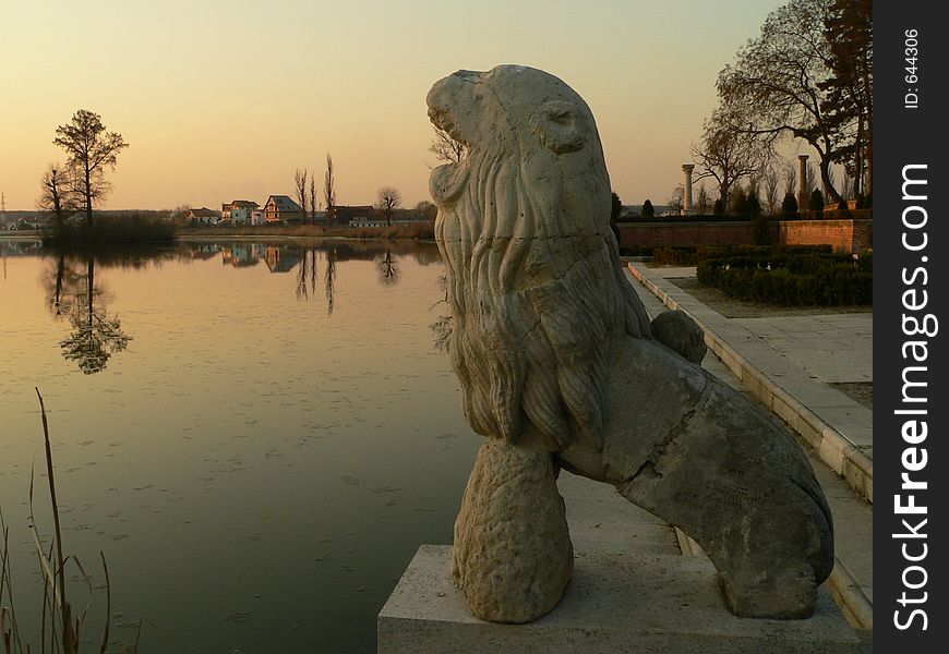 Stone lion on the evening time - sunset