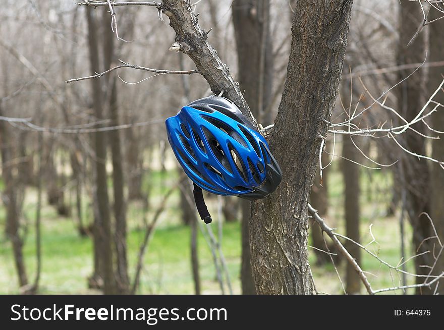 Blue biker helmet in spring forest