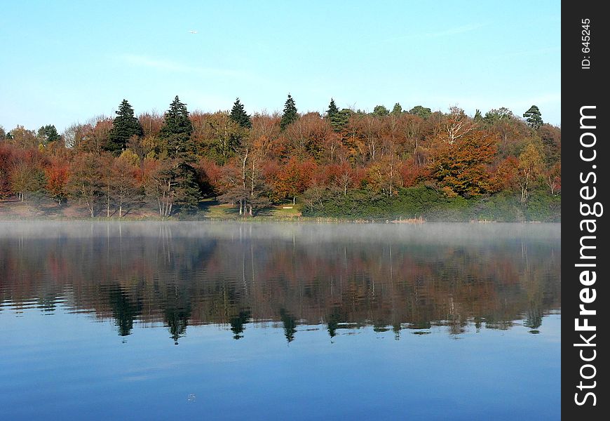Reflection of woodland on misty lake. Reflection of woodland on misty lake.