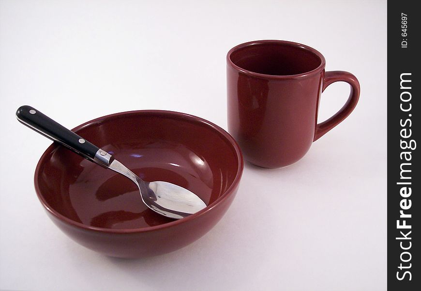 Bowl, spoon, and coffee cup. Bowl, spoon, and coffee cup