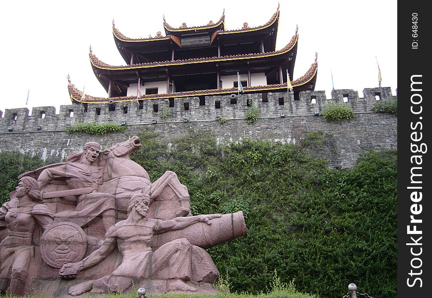 Chinese Ancient attic green-covered behind stone war statues,wider angled. Chinese Ancient attic green-covered behind stone war statues,wider angled