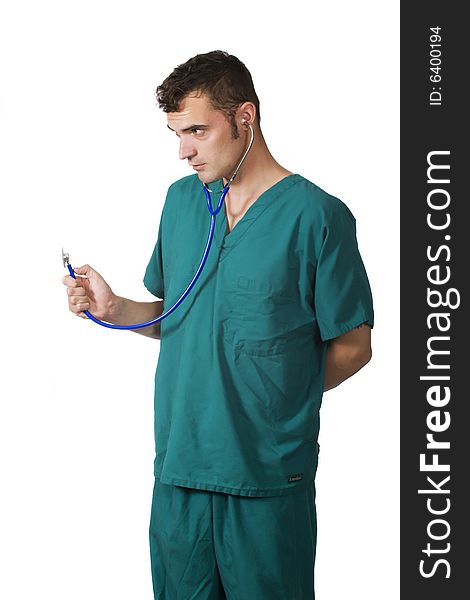 A doctor or nurse holding up his stethoscope. A doctor or nurse holding up his stethoscope