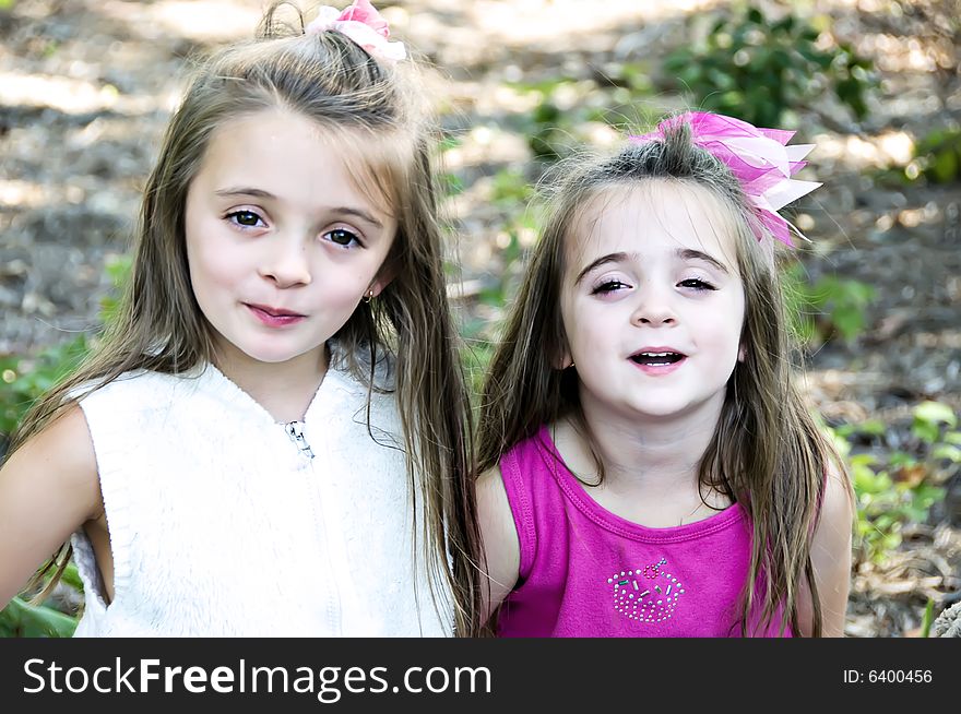 Two sisters posing with cute expressions on their faces. They have long brown hair and big brown eyes. Two sisters posing with cute expressions on their faces. They have long brown hair and big brown eyes.