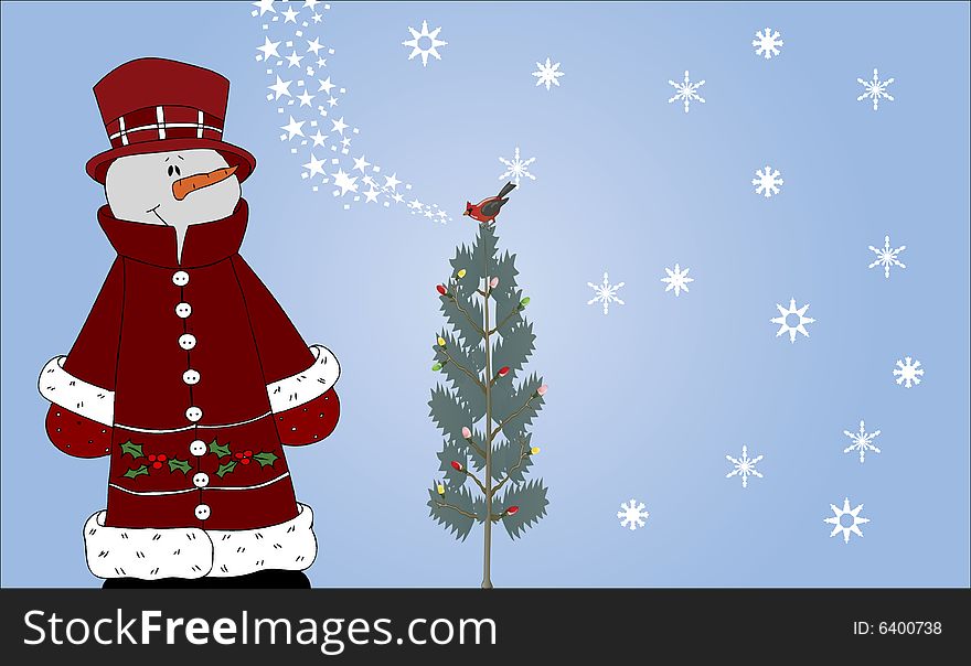 Pale blue background with dressed up snowman and a cardinal atop a decorated tree. Pale blue background with dressed up snowman and a cardinal atop a decorated tree