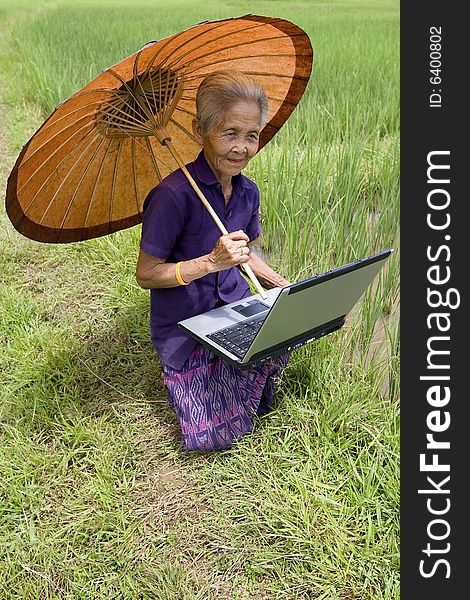 Old Asian with laptop when work in the paddy-field