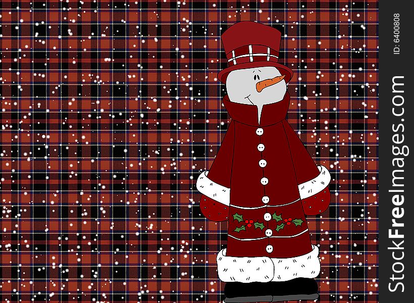 Snowman On Red Plaid Background