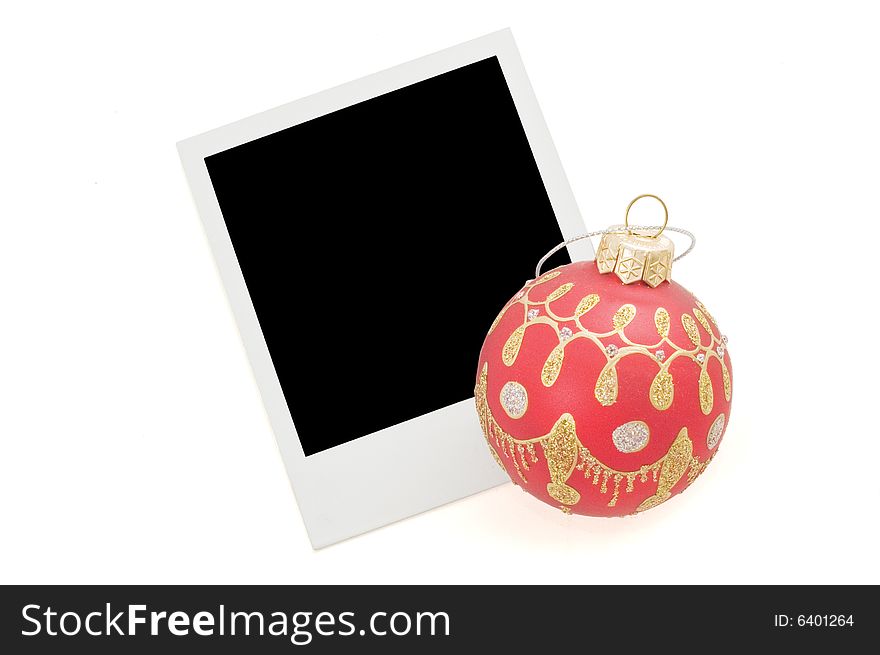 Blank instant photo and red christmas ball isolated on a white background. Blank instant photo and red christmas ball isolated on a white background