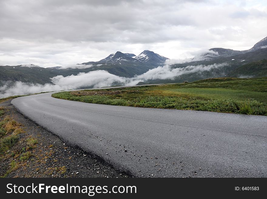 Asphalt auto road in summer fog landscape.