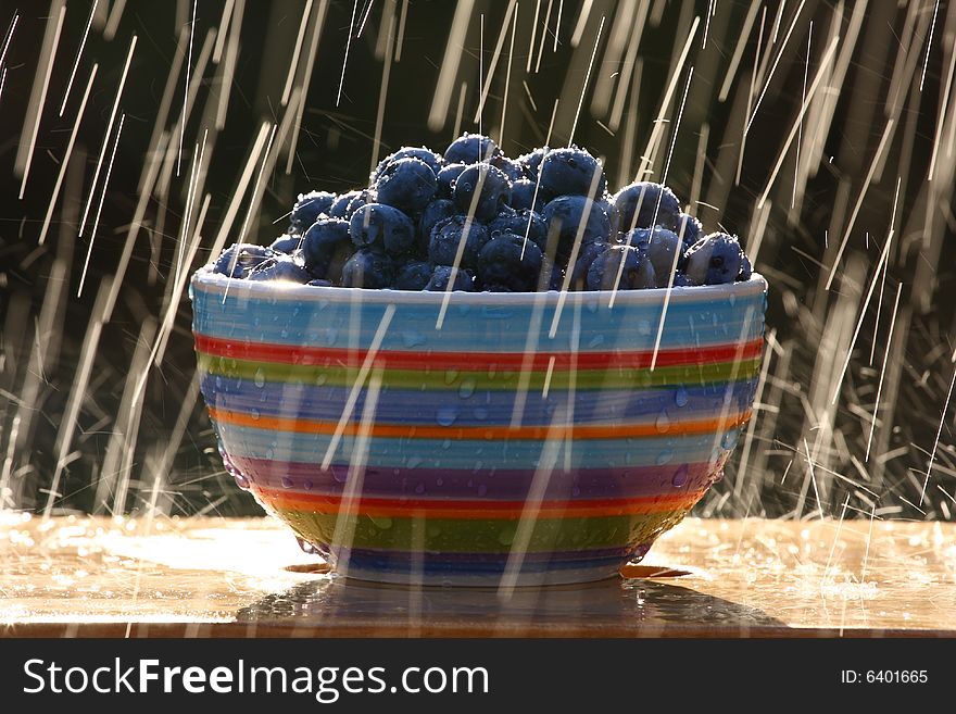 Blueberry in colourful bowl in raindrops