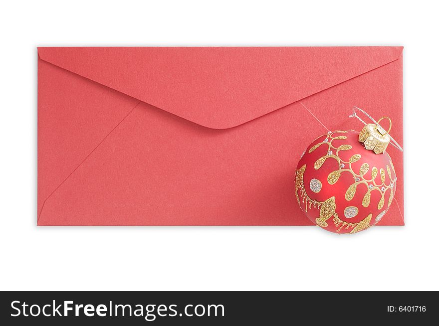 Red envelope and christmas ball isolated on white background