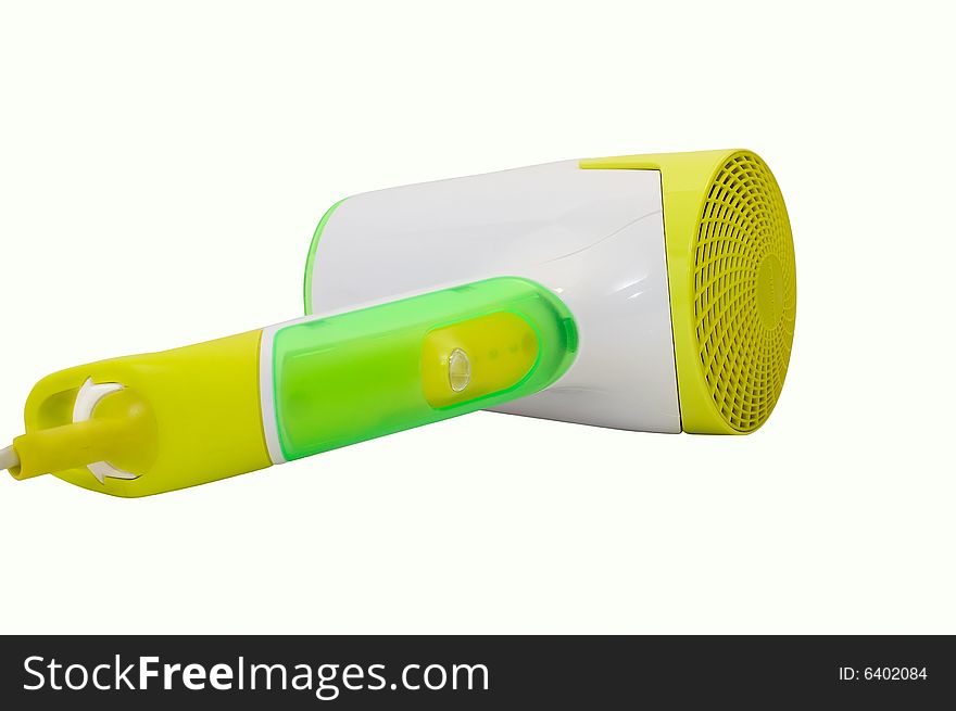 Stylish yellow and green hairdryer on white