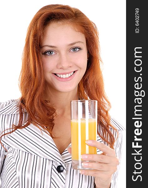 Portrait of a happy young pretty woman drink orange juice