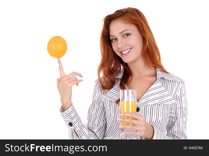 Portrait of a happy young pretty woman drink juice and orange