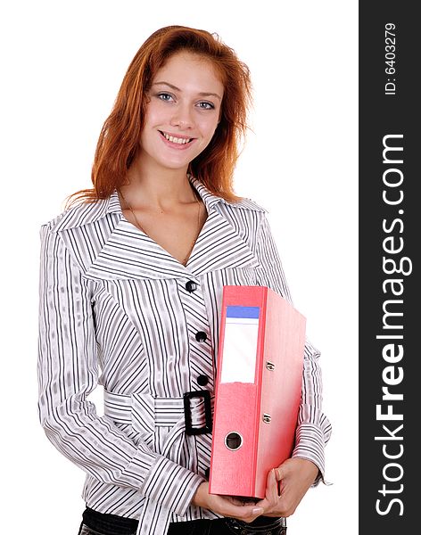 A pretty young redheaded businesswoman with folder