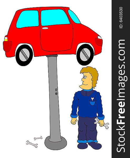 This illustration depicts a car repair man examine a car. This illustration depicts a car repair man examine a car